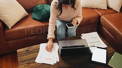Buy stock photo Woman, finance and smartphone in home for documents, debt or above with fintech for easy payment on sofa. Person, phone and mobile app with interest for loan, bills and balance with banking at house