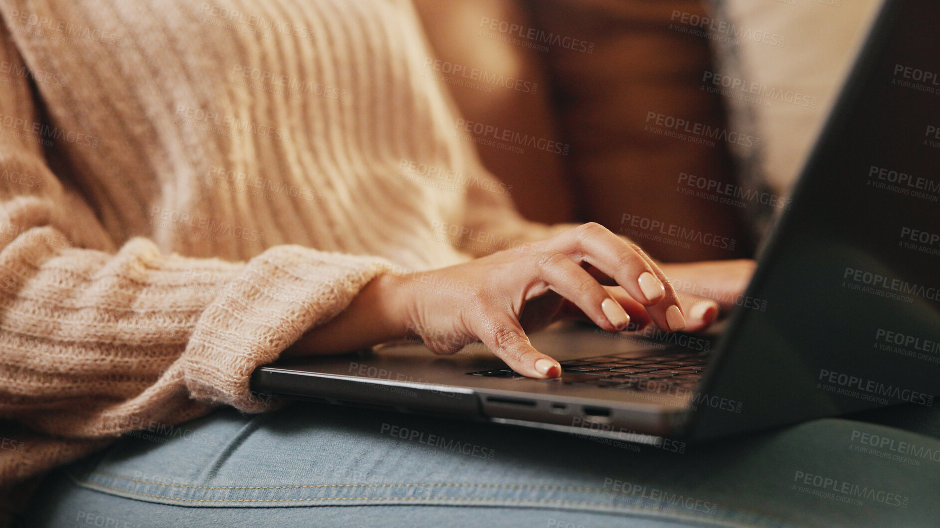 Buy stock photo Laptop, sofa and hands of woman typing in home for remote work, copywriting and online report. Freelance, closeup and person on computer for research, website article and internet review on couch