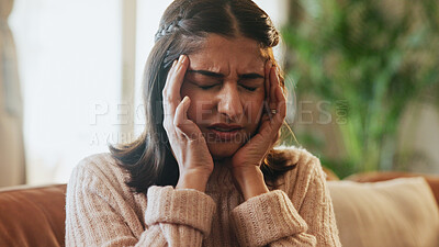 Buy stock photo Woman, frustrated and headache of stress in home for financial crisis, loan debt and anxiety. Mental health, person and tension migraine on sofa for overthinking, brain fog and dizzy for bankruptcy