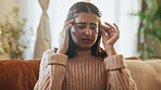 Woman, pain and headache of stress on sofa for financial crisis, overwhelmed or mental health. Glasses, person or tension migraine in home for wrong prescription, overthinking or dizzy for bankruptcy