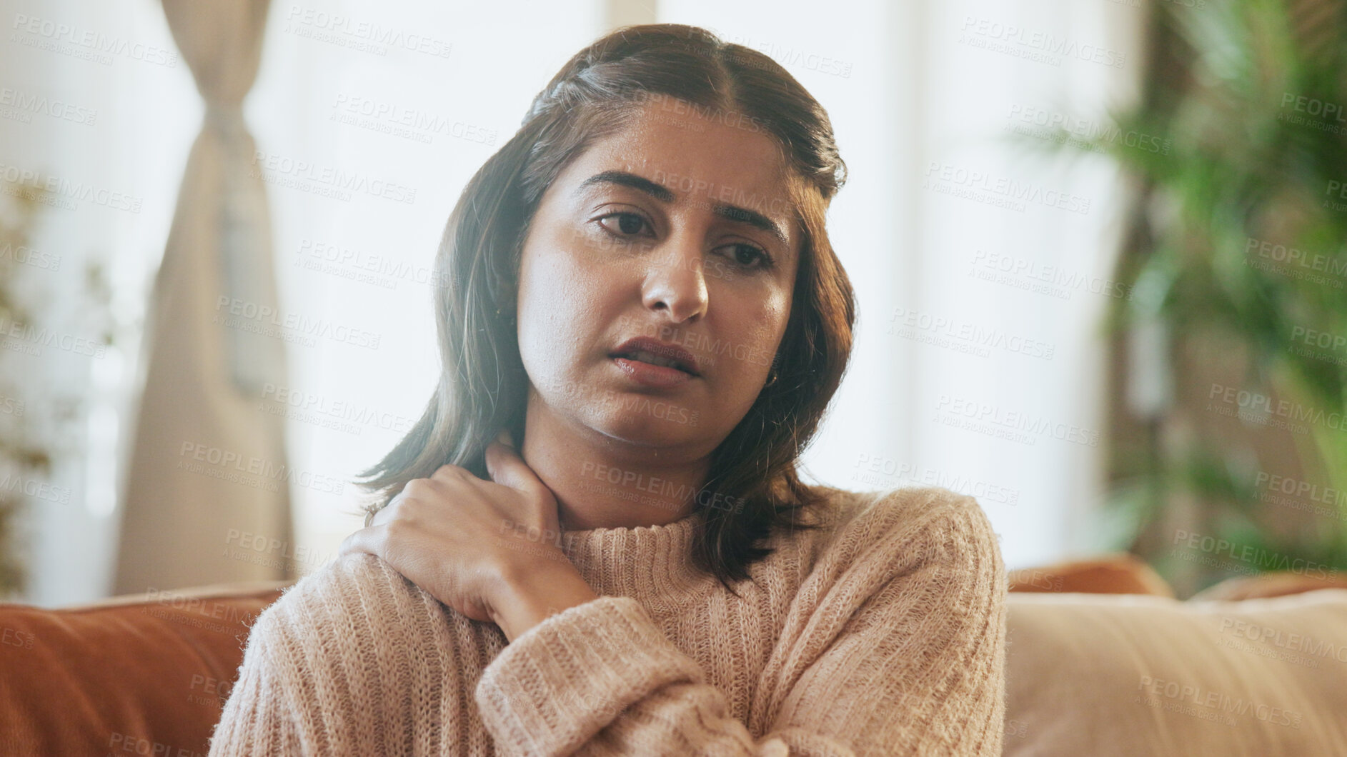 Buy stock photo Woman, injury and stress for shoulder pain in home with inflammation, tender muscle and fatigue. Burnout, girl and worry on sofa for student loans, neck tension and overwhelmed with academic pressure