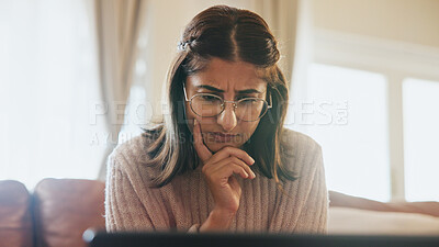 Buy stock photo Thinking, student and woman on laptop in home for assignment, project and online assessment. College, confused and serious person on computer for elearning, education and studying for university