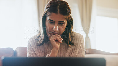 Buy stock photo Thinking, student and girl on laptop in home for assignment, school project and online assessment. College, thoughtful and person on computer for elearning, education and studying for university