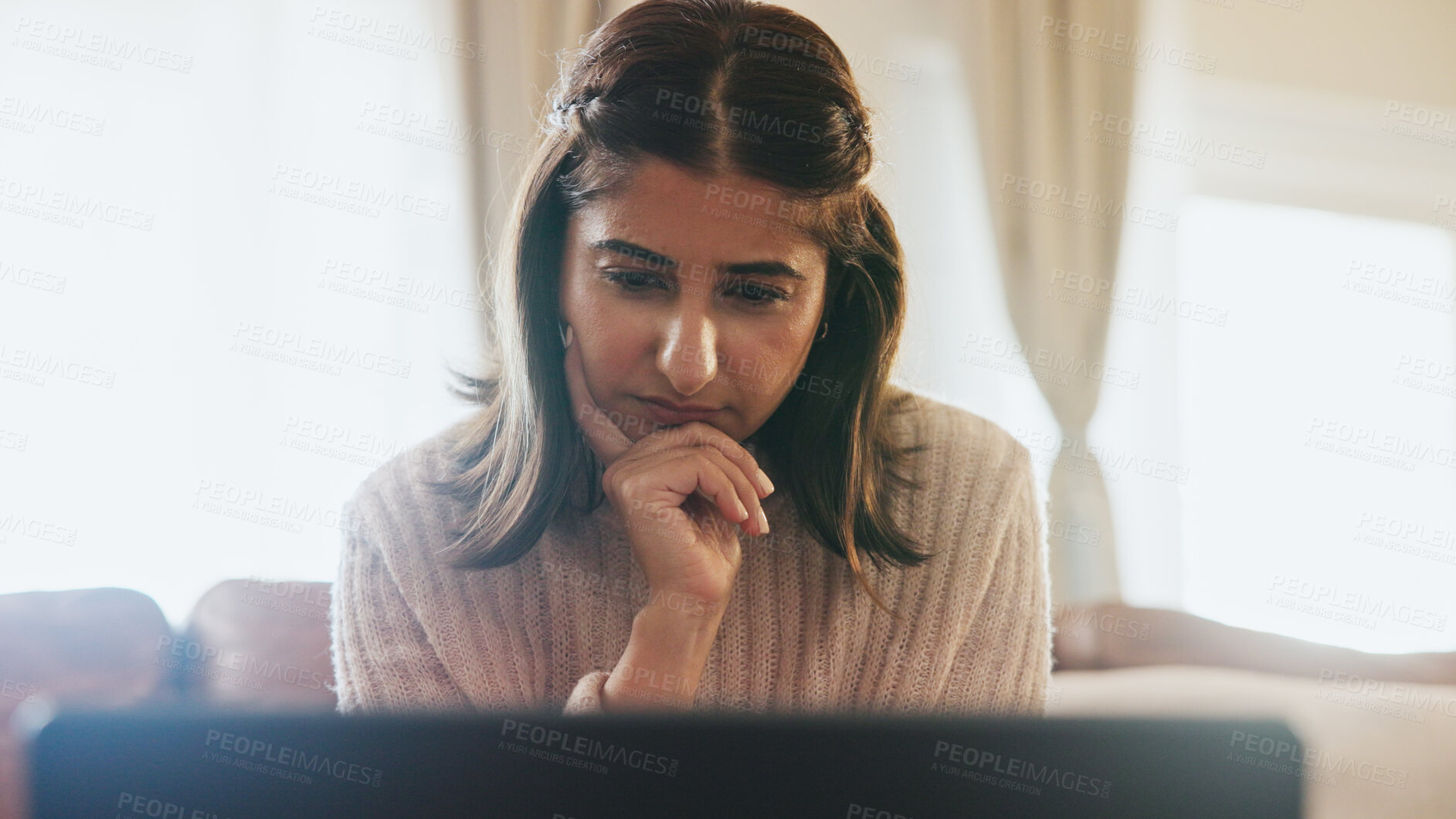 Buy stock photo Thinking, student and girl on laptop in home for assignment, school project and online assessment. College, thoughtful and person on computer for elearning, education and studying for university
