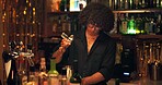 Barman, shaker and recipe for cocktail at pub with bottle service, skills and liquor for event. Person, bartender or waiter at club for mixing, alcohol or spirits for drinks, catering or job at night