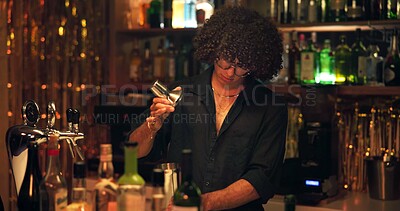 Buy stock photo Barman, shaker and recipe for cocktail at pub with bottle service, skills and liquor for event. Person, bartender or waiter at club for mixing, alcohol or spirits for drinks, catering or job at night