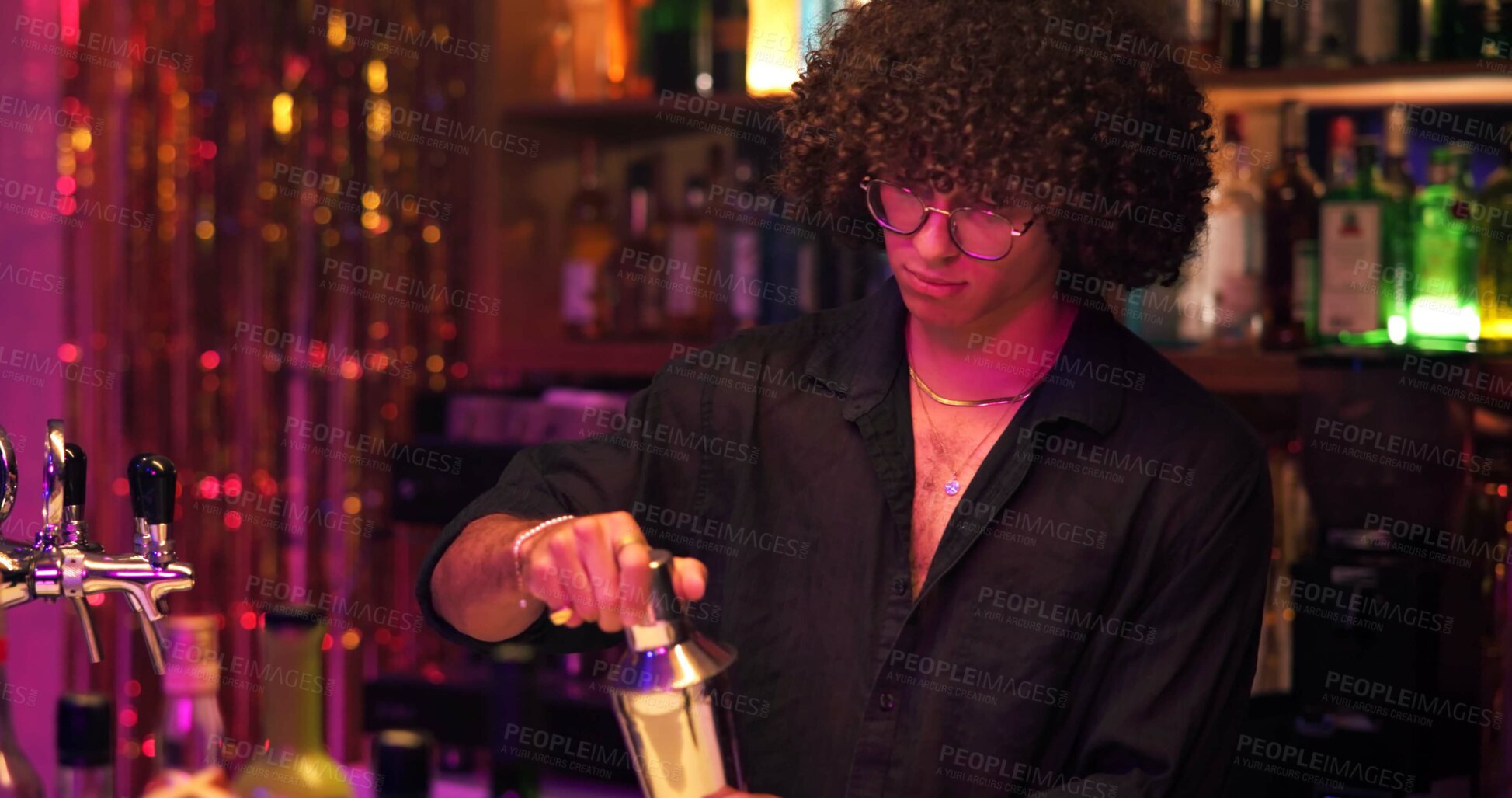 Buy stock photo Barman, shaker and recipe for cocktail at nightclub with bottle service, skills and liquor for event. Person, bartender or waiter with mixing, alcohol and spirits for drinks, catering or job at pub