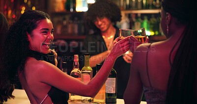 Buy stock photo Women, toast and happy with drinks at nightclub with celebration, party and social event at bar. Friends, girl and cheers with glass, alcohol and excited with beverage for new years eve at restaurant