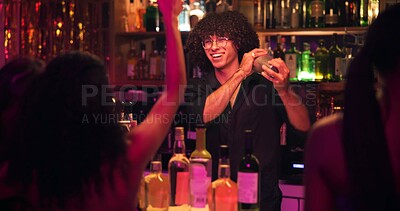 Buy stock photo Barman, shaker and people for cocktail at nightclub with bottle service, skills and liquor for event. Person, bartender and patron with mixing, alcohol and spirits for drinks, catering or job at pub