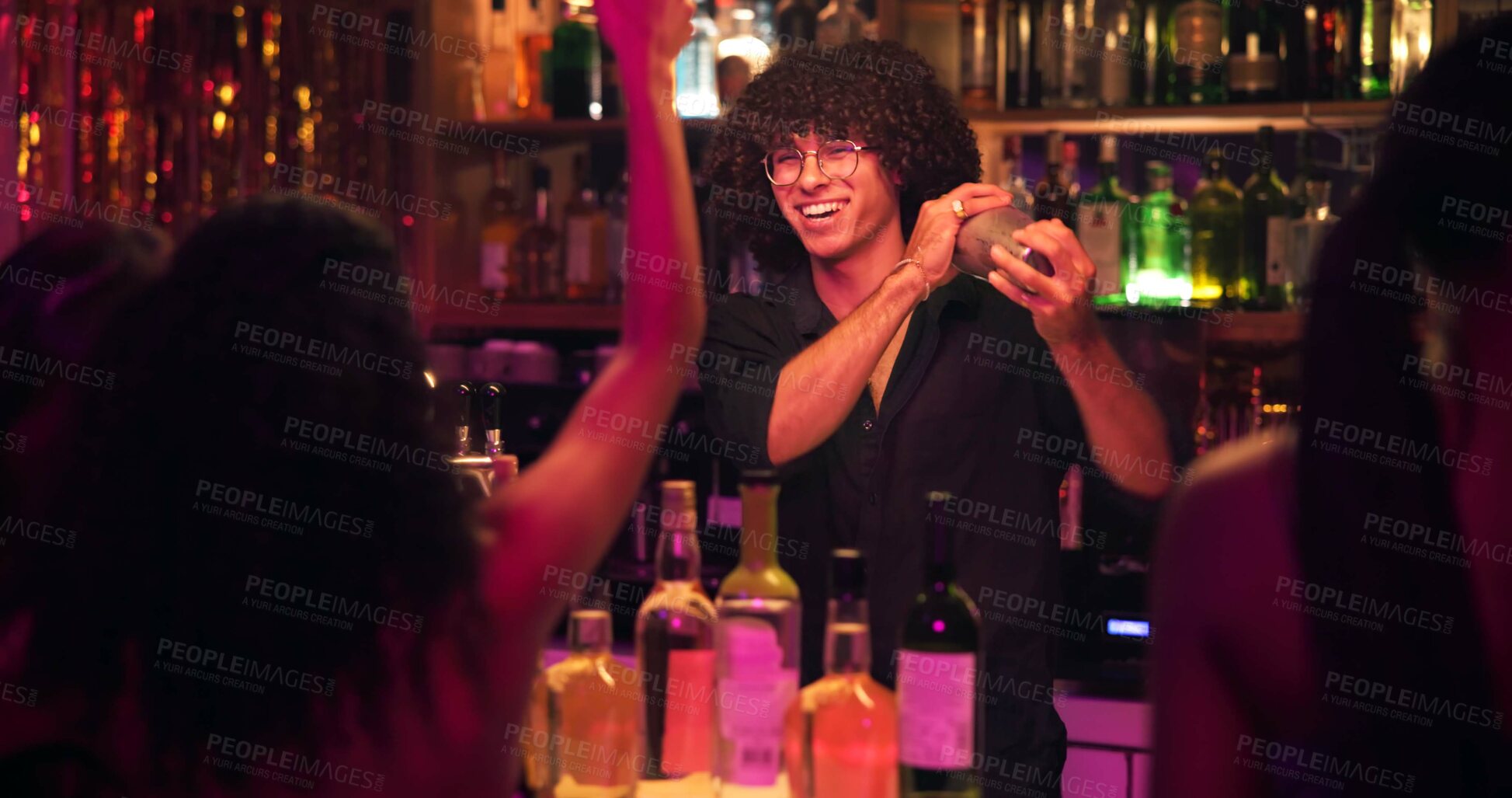 Buy stock photo Barman, shaker and people for cocktail at nightclub with bottle service, skills and liquor for event. Person, bartender and patron with mixing, alcohol and spirits for drinks, catering or job at pub
