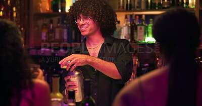 Buy stock photo Barman, shaker and people for drinks at nightclub with bottle service, skills and liquor for event. Person, bartender and patron with mixing, alcohol and spirits for cocktail, catering or job at pub