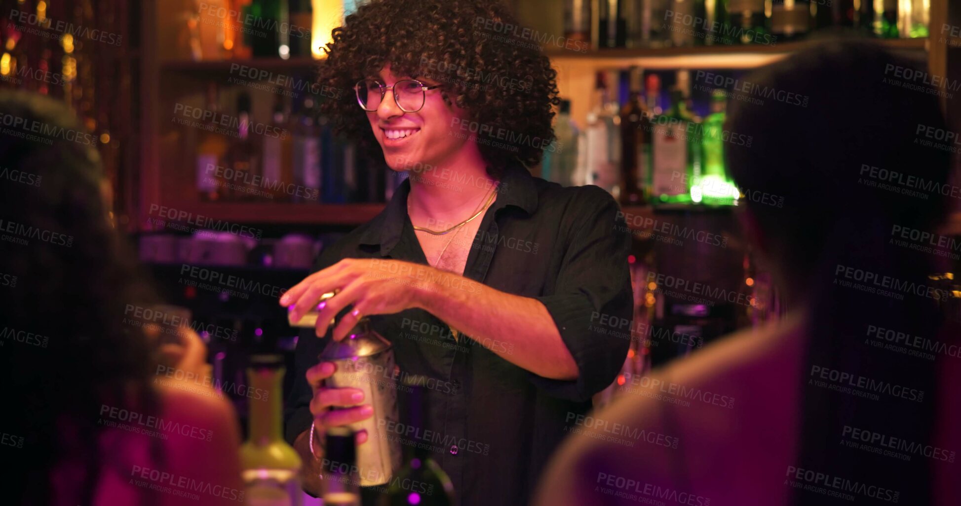 Buy stock photo Barman, shaker and people for drinks at nightclub with bottle service, skills and liquor for event. Person, bartender and patron with mixing, alcohol and spirits for cocktail, catering or job at pub