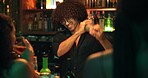 Bartender, man and shaker with people at nightclub for drinks with bottle service, skills and liquor for event. Person, barman and happy with patron for mixing, alcohol or spirits for cocktail at pub