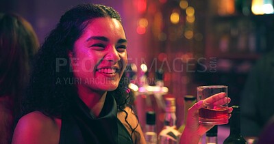 Buy stock photo Woman, smile and talk with drink at nightclub with celebration, party and social event at bar. Friends, girl and discussion with whiskey, alcohol and excited with beverage for new years eve at pub