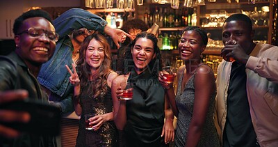 Buy stock photo Selfie, drink and party with friends at night club for social media, reunion and disco event. Happiness, celebration and photography with people at bar for culture, weekend and new years together