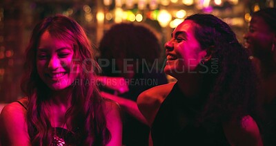 Buy stock photo Girl, dancing and happy with friends at nightclub with celebration, party and social event at bar. People, women and smile with rhythm, culture and excited with music for new years eve at restaurant