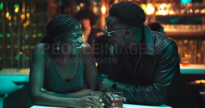 Buy stock photo Date, laughing and drink with couple at night club for conversation, relationship and happy hour. Party communication and singles event with man and woman at pub for alcohol, support and chat