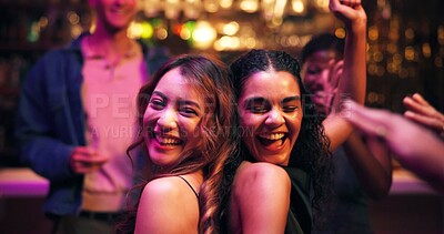 Buy stock photo Women, dancing and happy with friends at nightclub with celebration, party and social event at bar. People, girl and smile with rhythm, culture and excited with music for new years eve night life