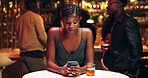 Phone, online dating and sad with woman in nightclub for relationship app, communication and party. Culture, meeting and social media with person at bar for disappointed, partner search and contact