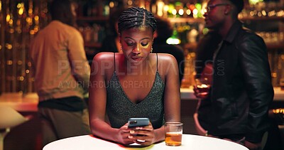 Buy stock photo Phone, online dating and waiting with woman in nightclub for relationship app, communication and party. Culture, meeting and social media with person for disappointed, partner search and contact