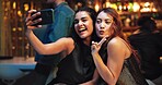 Selfie, peace sign and women or friends at night club for social media, reunion and disco event. Happiness, celebration and photography with people at bar for culture, weekend and new years 