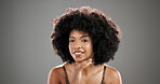 Beauty, black woman or portrait with skincare space with hydration results, space and shine. Smile, studio or Afro person with healthy glow, anti aging treatment and confidence on grey background