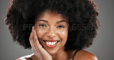 Buy stock photo Afro woman, happy or portrait with skincare glow with hydration results, space and shine. Smile, proud or African person in studio with beauty, anti aging treatment and confidence on gray background