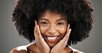 Afro woman, happy or portrait with skincare beauty with hydration results, space and shine. Smile, proud or African person in studio with glow, anti aging treatment and confidence on grey background