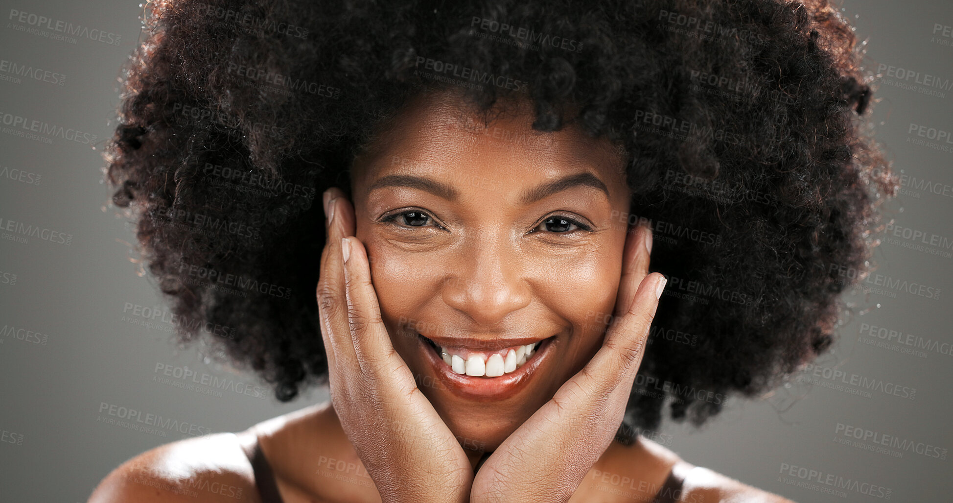 Buy stock photo Afro woman, happy or portrait with skincare beauty with hydration results, space and shine. Smile, proud or African person in studio with glow, anti aging treatment and confidence on grey background
