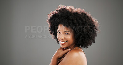 Buy stock photo Smile, studio and portrait of black woman for hair care, healthy texture or growth with beauty. Happy, mockup space and person with natural hairstyle for wellness, grooming or glow on gray background