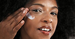Cream, beauty and portrait of black woman in studio for skincare, wellness and anti aging. Dermatology, happy and person with moisturizer, lotion and cosmetics for skin hydration, facial or treatment