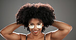 Happy, eye mask and portrait of black woman in studio for facial treatment, beauty and dark circles. Dermatology, skincare and person with pads for anti aging, health and cosmetics on gray background