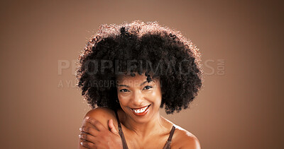 Buy stock photo Body care, happy or woman with portrait in studio for skincare, natural beauty or skin detox glow. Mockup space, African person and smile with hydration treatment and dermatology on brown background