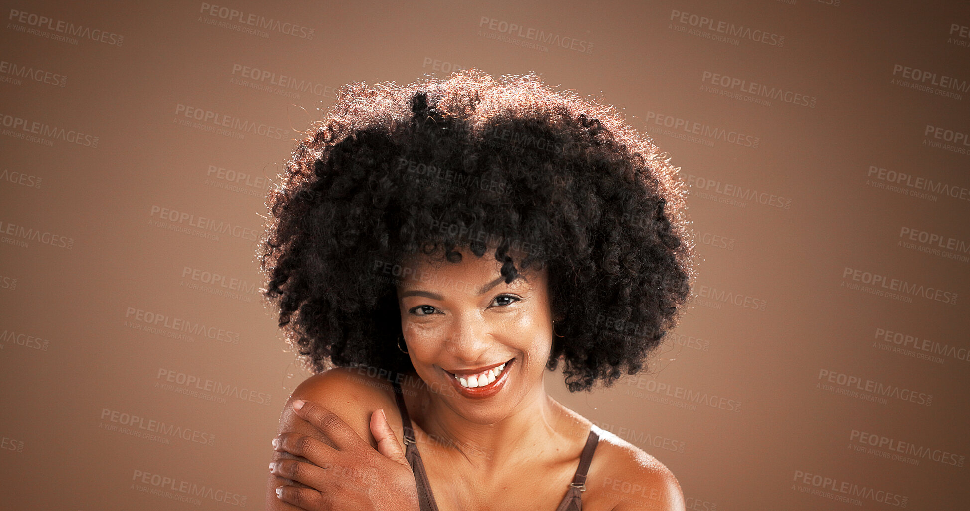 Buy stock photo Body care, happy or woman with portrait in studio for skincare, natural beauty or skin detox glow. Mockup space, African person and smile with hydration treatment and dermatology on brown background