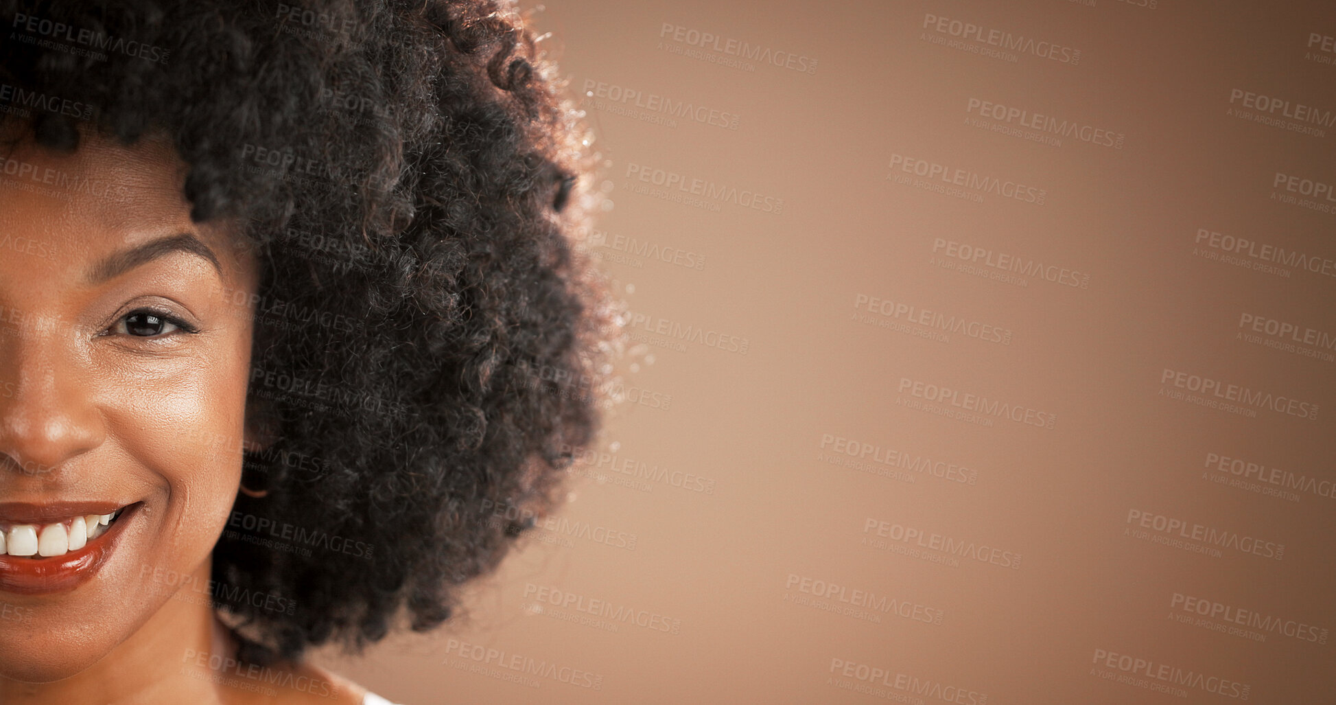 Buy stock photo Skincare, beauty and portrait of black woman in studio with satisfaction, confidence and cosmetics. Dermatology, mockup space and face of happy person for wellness, glow or facial on brown background