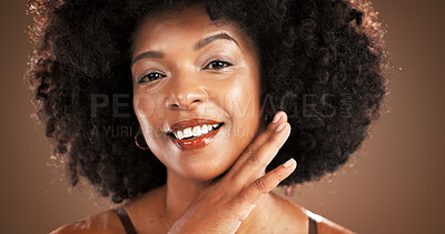 Buy stock photo Beauty, woman and portrait with skincare in studio with natural foundation, makeup glow or results. Wellness, smile or african person with healthy skin from cosmetics or self care on brown background