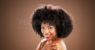 Buy stock photo Body care, beauty or woman with portrait in studio for skincare, natural glow or skin detox results. Mockup space, african person or happy with hydration treatment or regeneration on brown background