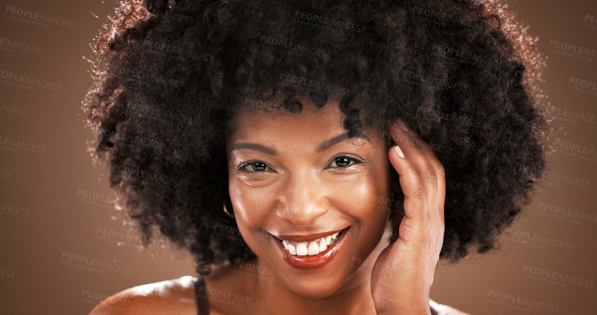Buy stock photo Hair care, studio and portrait of black woman for health, texture and growth on brown background. Hairdresser, mockup space and person smile with natural hairstyle, afro and grooming for wellness
