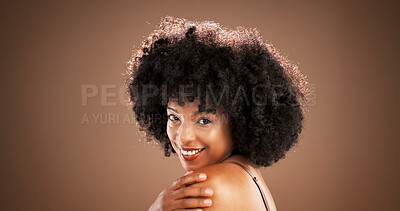 Buy stock photo Body care, skincare and woman with portrait in studio with natural glow, hydration and collagen. Mockup space, african person and happy with beauty treatment for skin regeneration on brown background