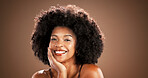 Beauty, woman and portrait with smile in studio with natural foundation, skincare glow and makeup. Mockup, happy and african person with healthy skin from cosmetics or dermatology on brown background