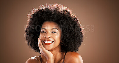 Buy stock photo Beauty, woman and portrait with smile in studio with natural foundation, skincare glow and makeup. Mockup, happy and african person with healthy skin from cosmetics or dermatology on brown background