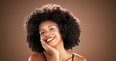 Buy stock photo Beauty, woman and portrait with happy in studio with natural foundation, skincare glow and makeup. Mockup, smile and african person with healthy skin from cosmetics or dermatology on brown background