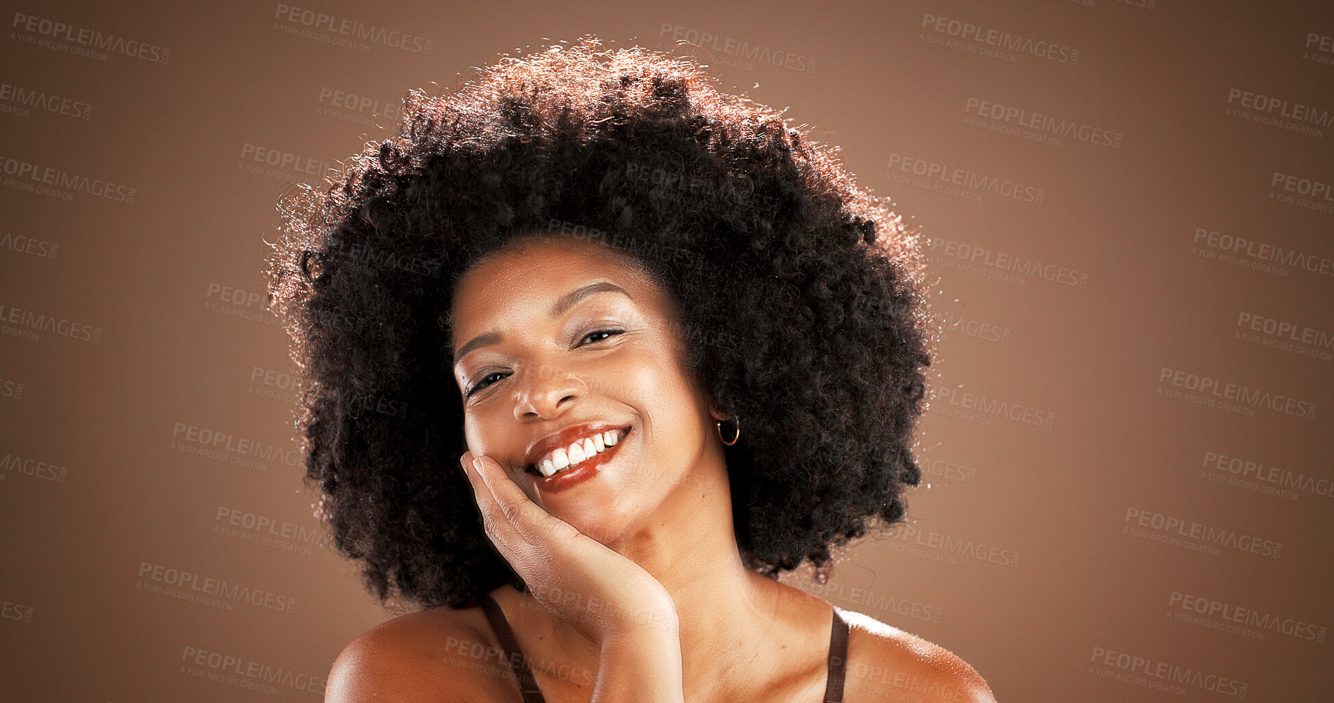 Buy stock photo Beauty, woman and portrait with happy in studio with natural foundation, skincare glow and makeup. Mockup, smile and african person with healthy skin from cosmetics or dermatology on brown background