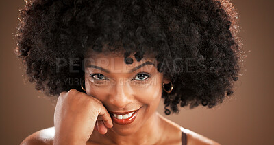 Buy stock photo Skincare, happy and portrait of black woman in studio with natural beauty, confidence and cosmetics. Dermatology, smile and face of person with afro for wellness, glow and facial on brown background