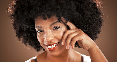 Buy stock photo Happy, beauty and portrait of black woman in studio with natural hair, confidence and cosmetics. Dermatology, mockup and face of person for wellness, skincare glow and facial on brown background