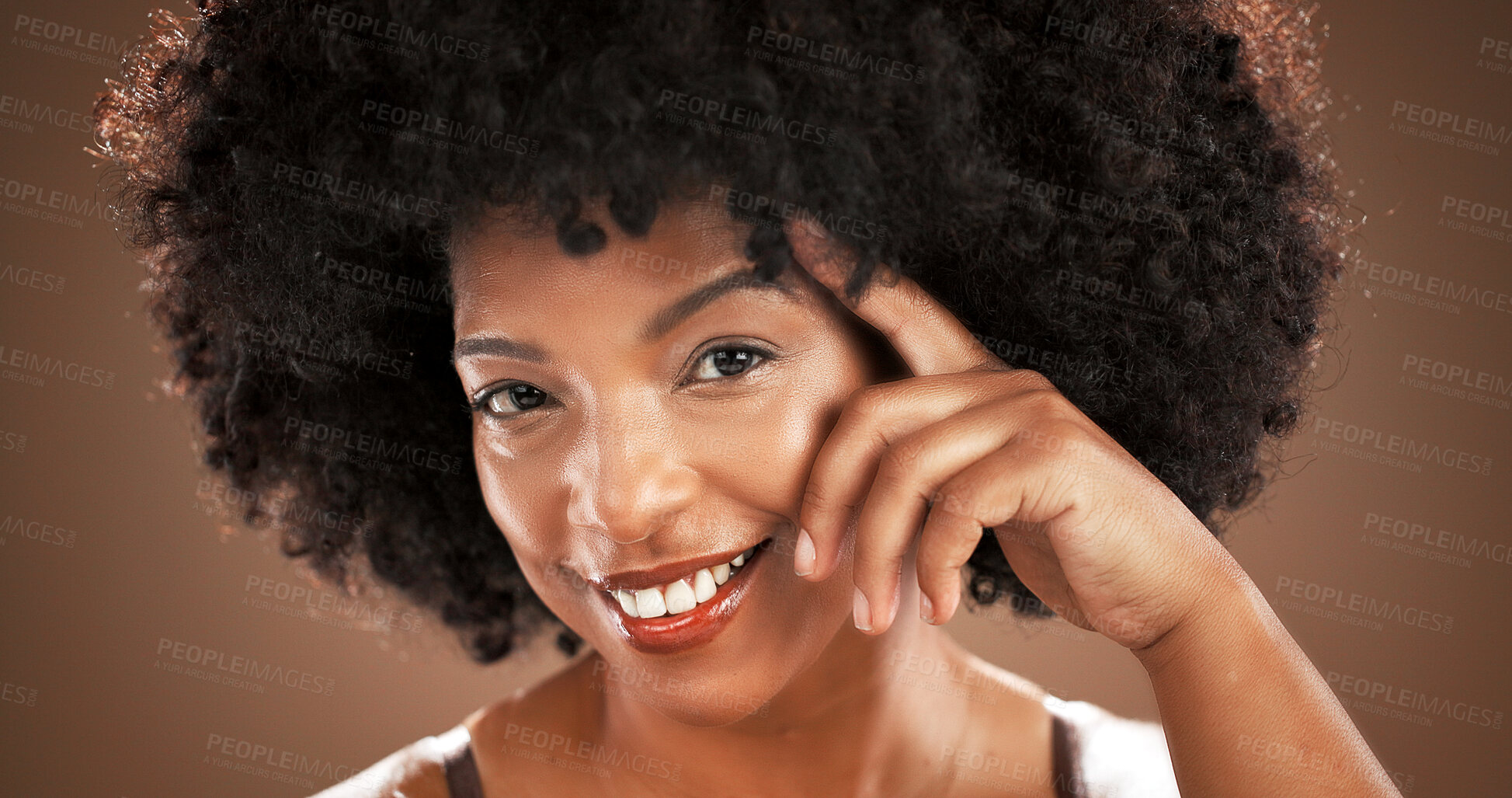 Buy stock photo Happy, beauty and portrait of black woman in studio with natural hair, confidence and cosmetics. Dermatology, mockup and face of person for wellness, skincare glow and facial on brown background