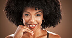 Skincare, beauty and portrait of African woman in studio with satisfaction, confidence and cosmetics. Dermatology, mockup and face of happy person for wellness, glow or facial on brown background