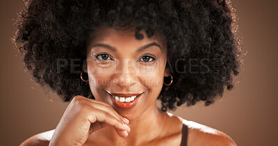 Buy stock photo Skincare, beauty and portrait of African woman in studio with satisfaction, confidence and cosmetics. Dermatology, mockup and face of happy person for wellness, glow or facial on brown background