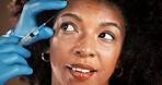 Plastic surgery, syringe and face of African woman in studio for beauty treatment, filler and skincare. Dermatology, brown background and person with needle for cosmetics, anti aging and collagen