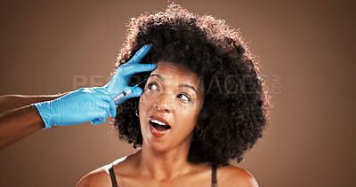 Buy stock photo Plastic surgery, syringe and black woman in studio for beauty treatment, filler and skincare. Dermatology, brown background and face of person with needle for cosmetics, anti aging and collagen